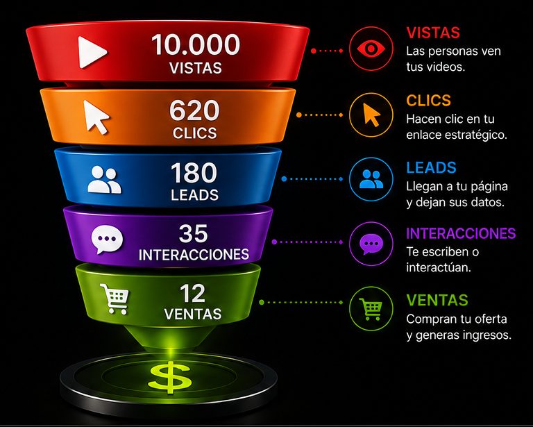 Funnel de conversión: vistas, clics, leads, interacciones y ventas