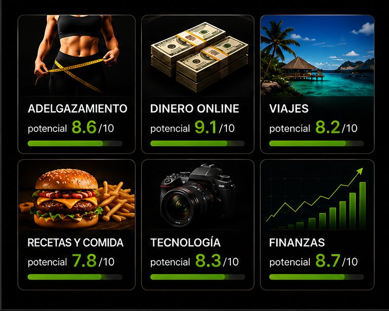 Ejemplos de nichos: adelgazamiento, dinero online, viajes, recetas, tecnología y finanzas